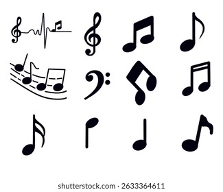 Various music symbols are arranged in a grid, including a treble clef, notes, rest symbols, and a heartbeat line intertwined with a note. The symbols are all in black on a white background