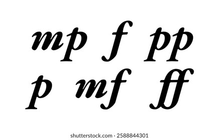 Various musical dynamics markings in black italics on a white background. Symbols include pp, p, mp, mf, f, and ff, representing different volume levels in sheet music. Vector illustration