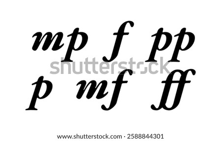 Various musical dynamics markings in black italics on a white background. Symbols include pp, p, mp, mf, f, and ff, representing different volume levels in sheet music. Vector illustration