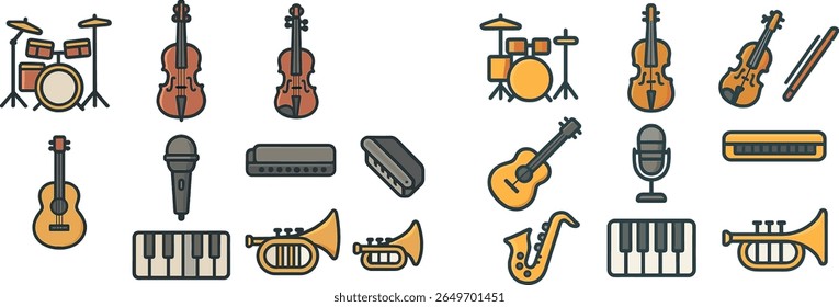 Various musical instruments are artistically arranged, showcasing a mix of strings, percussion, and wind items. This vibrant collection reflects diverse musical styles and cultures.