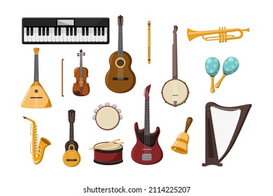 Various musical instruments cartoon illustration set. Accordion, trombone, acoustic and electric guitar, piano, drum, whistle flute, saxophone, harp isolated on white background. Music, hobby concept