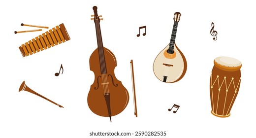 Various musical instruments displayed in a creative arrangement with notes around them