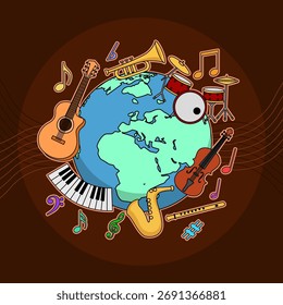 Vários instrumentos musicais e notas musicais que rodeiam o globo. Perfeito para comemorar o Dia da Música Universal em outubro.