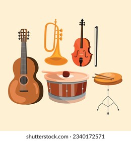 Various musical instruments set drawing. vectorial