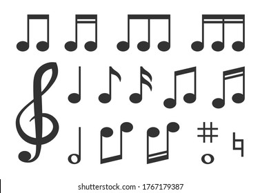 Diversos íconos musicales de notas negras de melodía conjunto. Clef gráfico de trébol, cuavillas, colección de ilustraciones vectoriales semicuádruples. Concepto de música y fondo