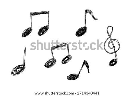 Various musical note hand-drawn line icons Monochrome vector illustration set with multiple overlapping lines