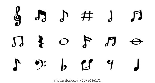 Various musical notes and symbols in black on a white background. Includes treble clef, sharp, and bass clef. Musical notes and symbols for music themes. Music illustrations, isolated vector set.