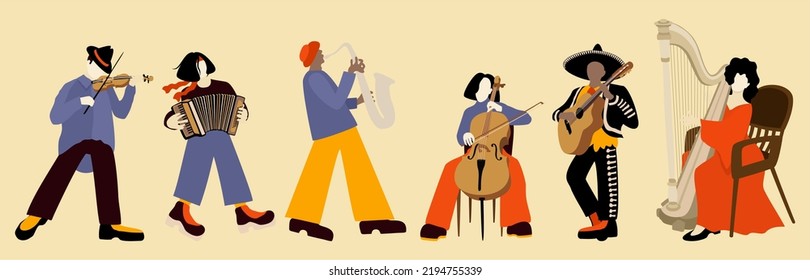 Various musicians playing their instruments. Vector bright set. Violinist, accordionist, saxophonist, violoncellist, guitarist, harpist.