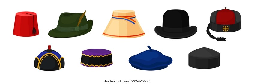 Various National Headdress and Hat as Ethnic Head Cover Vector Set