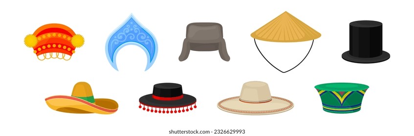 Various National Headdress and Hat as Ethnic Head Cover Vector Set