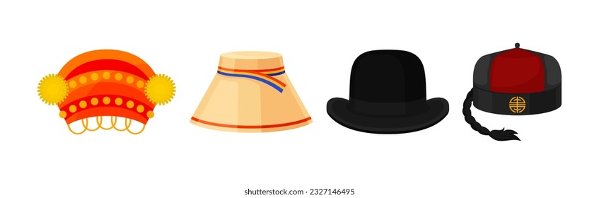 Various National Headdress and Hat as Ethnic Head Cover Vector Set