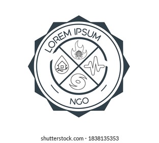 Various natural disaster management icon based logo vector illustration with dummy text and white background, for NGO or non-governmental organization industry.