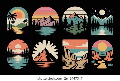 Various nature landscapes in retro badge style on black background