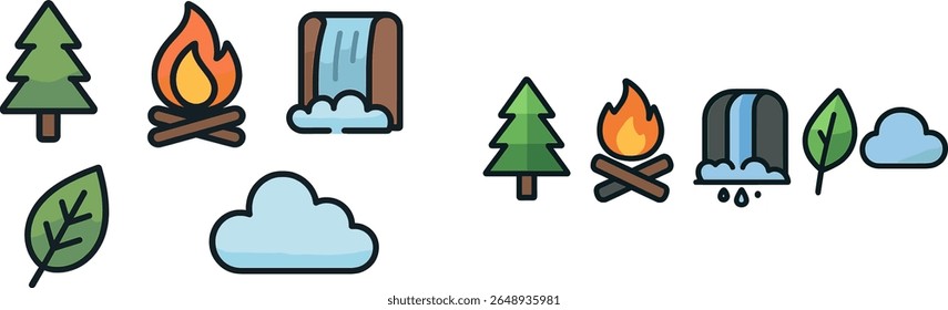 Various nature symbols including trees, a campfire, waterfalls, and clouds are illustrated to represent outdoor adventures, tranquility, and natural beauty.