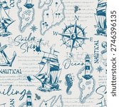 Various nautical elements including a captain with a pipe a ship and compass symbols. It displays a theme of sailing and regattas with a maritime style.