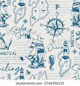 Various nautical elements including a captain with a pipe a ship and compass symbols. It displays a theme of sailing and regattas with a maritime style.