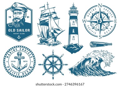 Various nautical elements. There are a ship lighthouse compass and other items related to the sea and sailing. These symbols represent ocean travel and adventure.