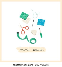 Various needlework tools. Fabric, scissor, pencil, needle, tape measure, tailor chalk. Cartoon style.