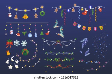 Various New Year decorations for the Christmas tree. Bright garlands and ribbons for the new year. Knitted decorations, snowflakes, flags. Decorations for Christmas.