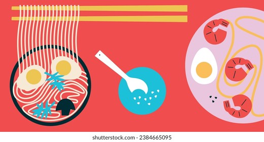 Various noodles and vegetable, illustration. Japanese food for flyers, posters, menu.