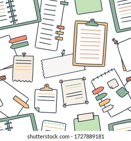 Various notebooks and paper sheets for making writing notes seamless pattern. Colorful blanks attached with pushpins and adhesive tape, stickers and reminder lists on white background