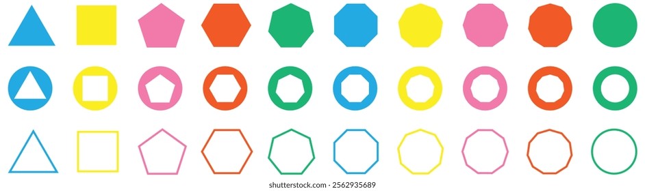 Various number of geometric shape. Different types of regular polygons. triangle, square, pentagon, hexagon, heptagon, octagon, nonagon, decagon, hendecagon, dodecagon vector. Colorful geometric shape