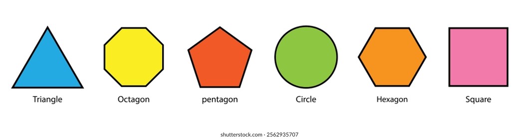 Various number of geometric shape. Different types of regular polygons. 2d geometric shapes. triangle, square, pentagon, hexagon, heptagon, octagon, vector. Colorful geometric shapes.