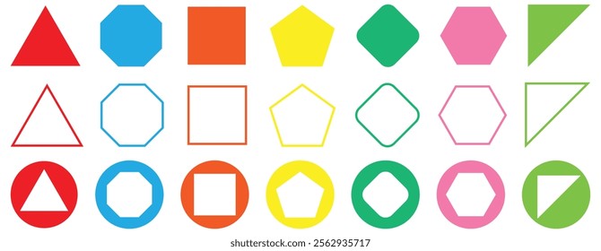 Various number of geometric shape. Different types of regular polygons. triangle, square, pentagon, hexagon, heptagon, octagon, nonagon, decagon, hendecagon, dodecagon vector. Colorful geometric shape