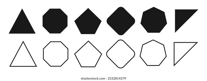 Various number of geometric shape vector icon set. Triangle, rectangle, ellipse, polygons, triangular, hexagonal, hexagonal and octagonal shapes.
