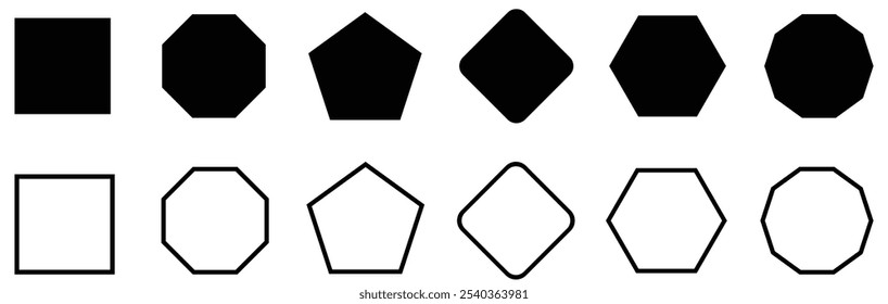 Diverso número de conjunto de iconos de Vector de forma geométrica. Diferentes tipos de polígonos regulares. Conjunto de iconos de polígono. triángulo, cuadrado, pentágono, hexágono, heptágono, octágono, nonágono, decágono, hendecágono.