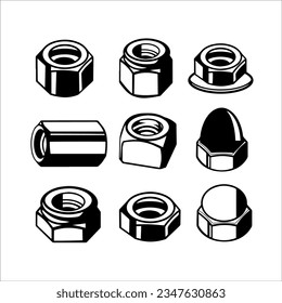 Various of Nuts and Bolt Type. Isolated vector elements.