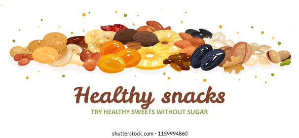 Various nuts and dried fruits for healthy and delicious snack flat vector illustration