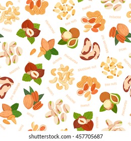 Various nuts illustrations, like pistachio and hazelnut, peanut and almond, vector seamless pattern with white background and names