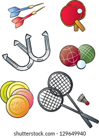 Various objects and equipment used in leisure sports and lawn games.