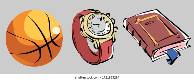 Various objects of leisure cute cartoon vector set. Ball, watch, book. On grey background