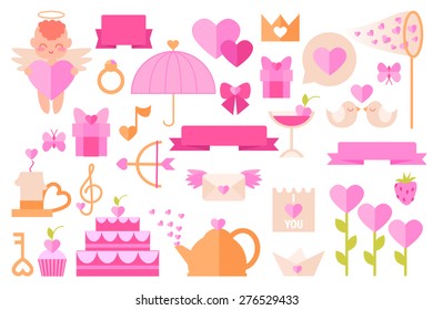 Various objects on a theme of Valentine's Day and love style flat. Vector illustration. Angel, writing, tea, cake, arrow, crown, pink, candle, bow, gift, ball.