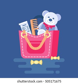 Various objects popping out from the bag. Vector illustration of handbag with stuff. Clipart of ladies bag with check, teddy bear, comb, candy. Trend modern flat pseudo volume style. Mess in the bag