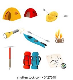 Various objects representative of the great outdoors, including tents, rafting, backpacks, etc.