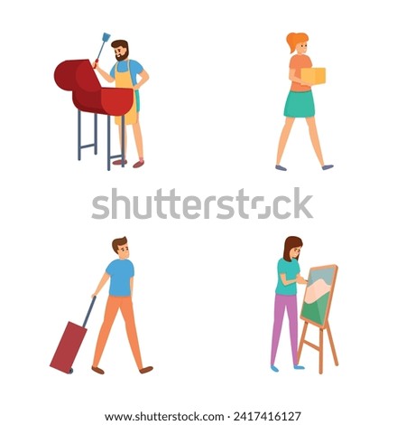 Various occupation icons set cartoon vector. People enjoying different hobby. Activity, pastime