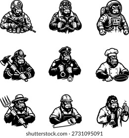 Various occupational appearances of the gorilla character