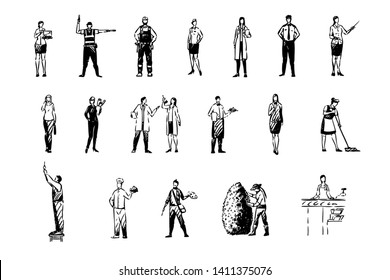 Various occupations, financial analyst, handyman, police officer, school teacher, science workers, professions set. Young men and women in uniform concept sketch. Hand drawn vector illustration