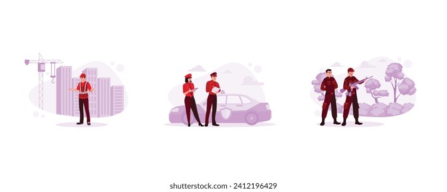 Various occupations people concept. Male architect engineer working on the building project. Two police officers were wearing uniforms. The army held military operations in the forest. 