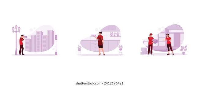 Various occupations people concept. Young photographer creates beautiful pictures. Female restaurant waitress wearing an apron. The young man works as an expedition courier. 