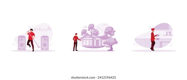 Various occupations people concept. A young male singer holding a microphone on stage. Security guards go around keeping the complex safe. A male chef wearing a cloche cover. 