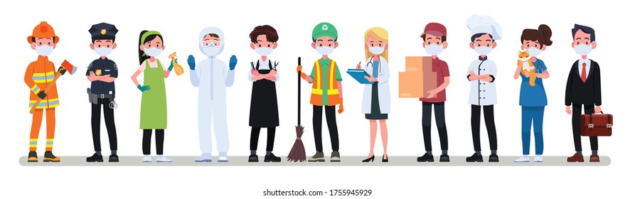 Various occupations people wearing face masks. wearing medical mask for prevent virus Covid-19 Coronavirus. Vector illustration in a flat style