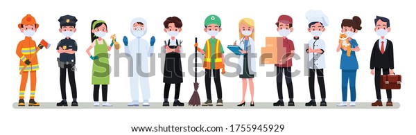 Various occupations people wearing face masks.\
wearing medical mask for prevent virus Covid-19 Coronavirus. Vector\
illustration in a flat\
style