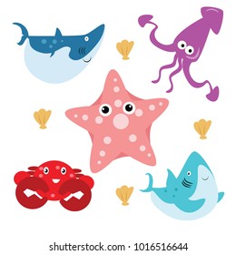 Various ocean animal. Set of funny animal in cartoon style isolated.