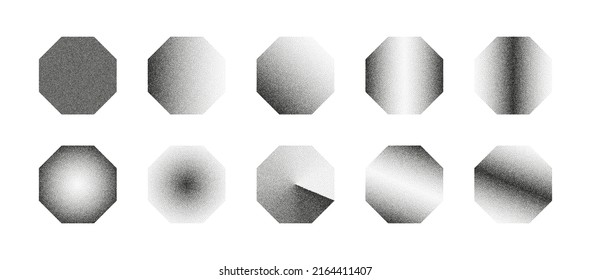 Various Octagon Abstract Shapes Stipple Hand Drawn Dotwork Vector Set With Different Variations Of Black Noise Gradient Isolated On White. Halftone Dots Polygon Design Elements Dust Texture Collection