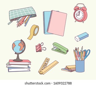 Various office supplies on the desk. hand drawn style vector design illustrations. 