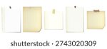 Various old blank papers with stains effect stick by pins, paper clip or adhesive tape isolated graphic illustration.